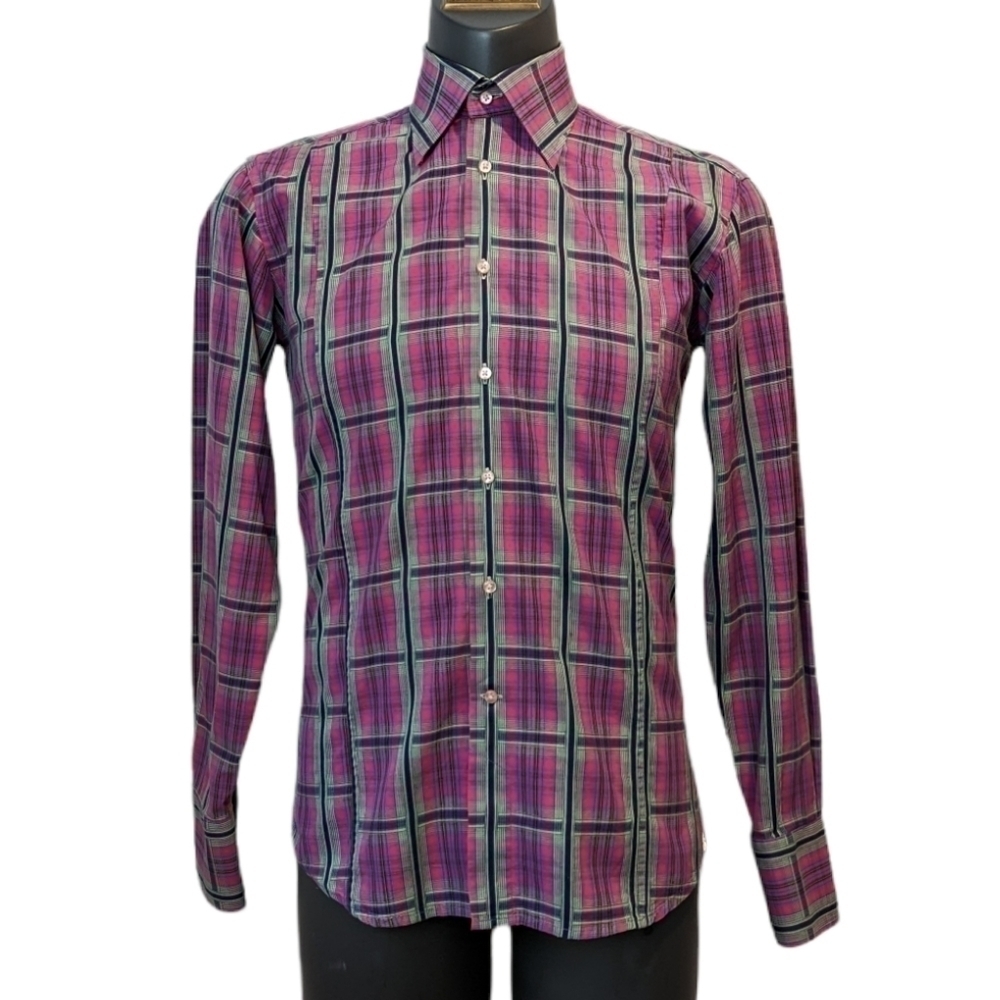 2/$20 Coton Doux Paris Pink Plaid Button Front Shirt Slim Fit Size 15 1/2